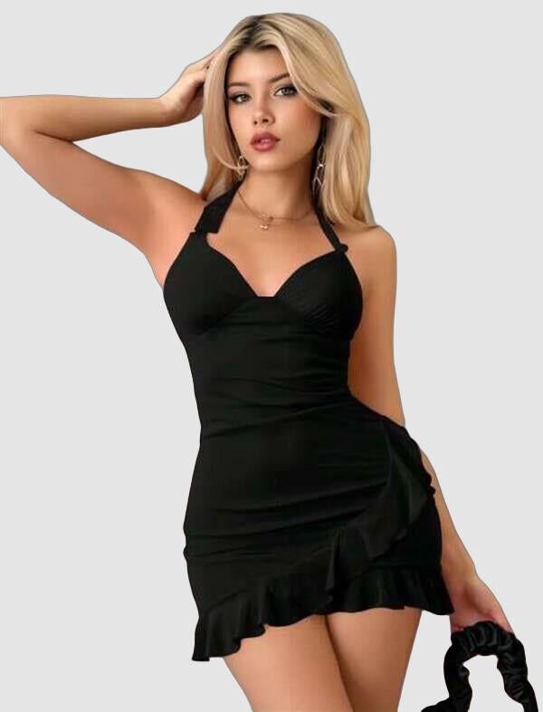 Arias Closet Siyah Boyundan Bağlamalı Fırfırlı Fantezi Mini Club Elbisesi