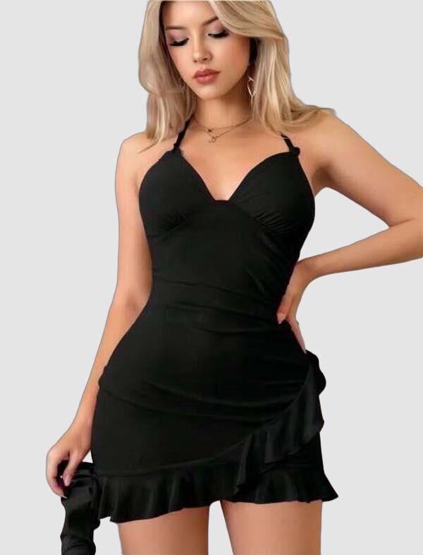 Arias Closet Siyah Boyundan Bağlamalı Fırfırlı Fantezi Mini Club Elbisesi