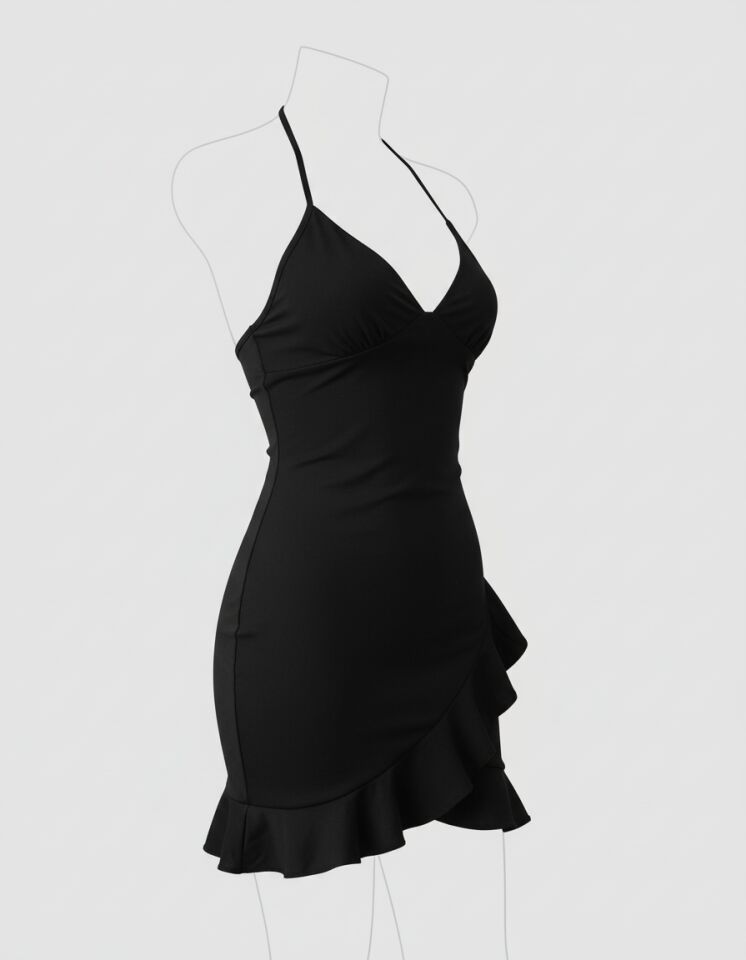 Arias Closet Siyah Boyundan Bağlamalı Fırfırlı Fantezi Mini Club Elbisesi