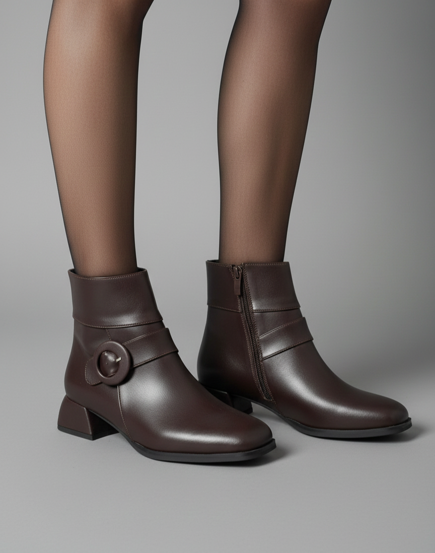 Kadın Küt Cilt Bot Kahverengi Yuvarlak Tokalı Günlük Şık Tasarım