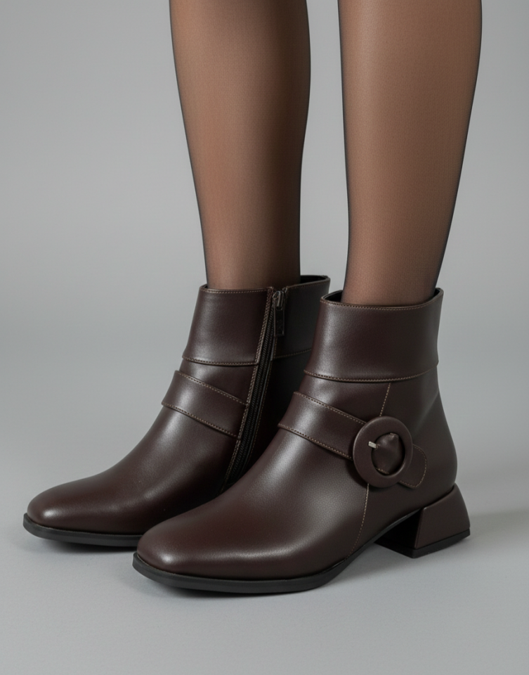 Kadın Küt Cilt Bot Kahverengi Yuvarlak Tokalı Günlük Şık Tasarım