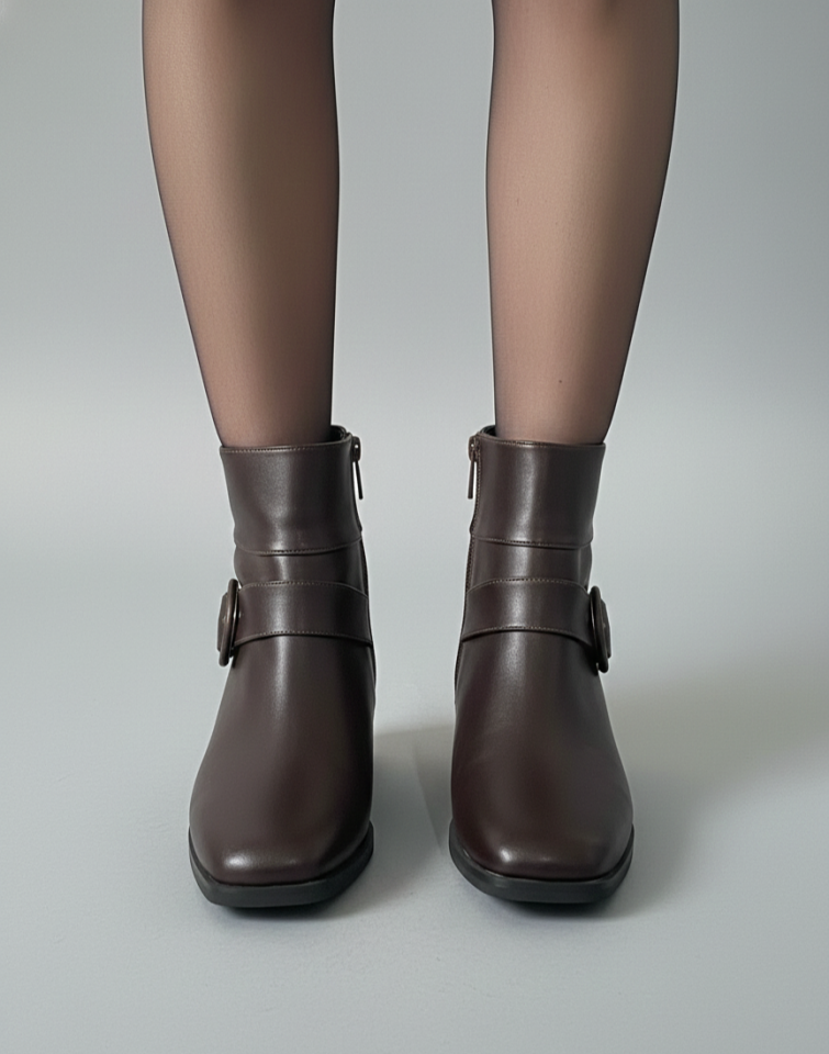 Kadın Küt Cilt Bot Kahverengi Yuvarlak Tokalı Günlük Şık Tasarım