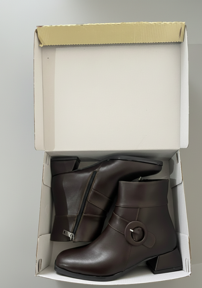 Kadın Küt Cilt Bot Kahverengi Yuvarlak Tokalı Günlük Şık Tasarım