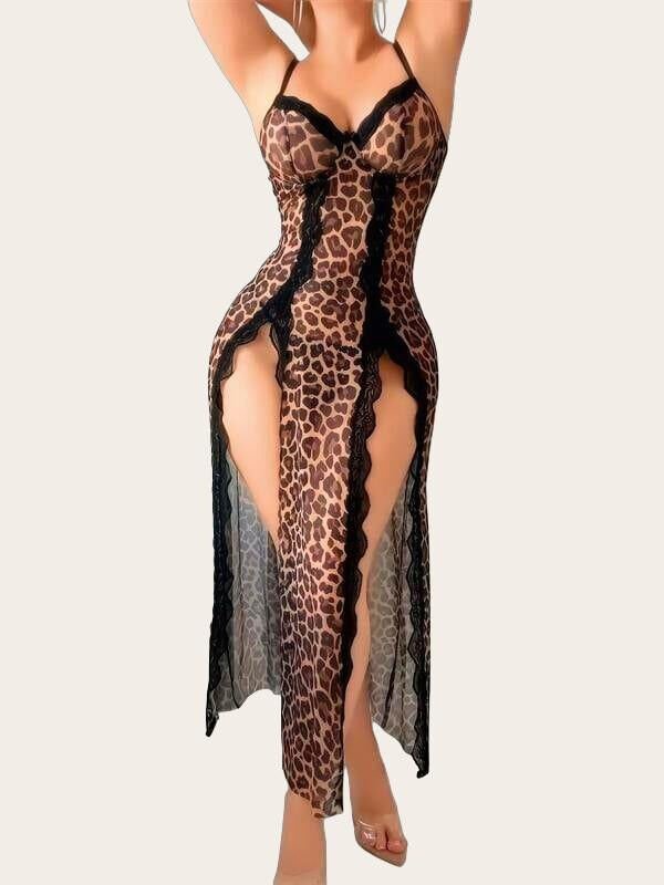 Arias Closet Leopar Desenli Yırtmaçlı Fantezi Uzun Gecelik