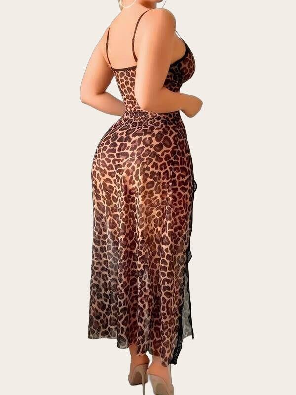 Arias Closet Leopar Desenli Yırtmaçlı Fantezi Uzun Gecelik