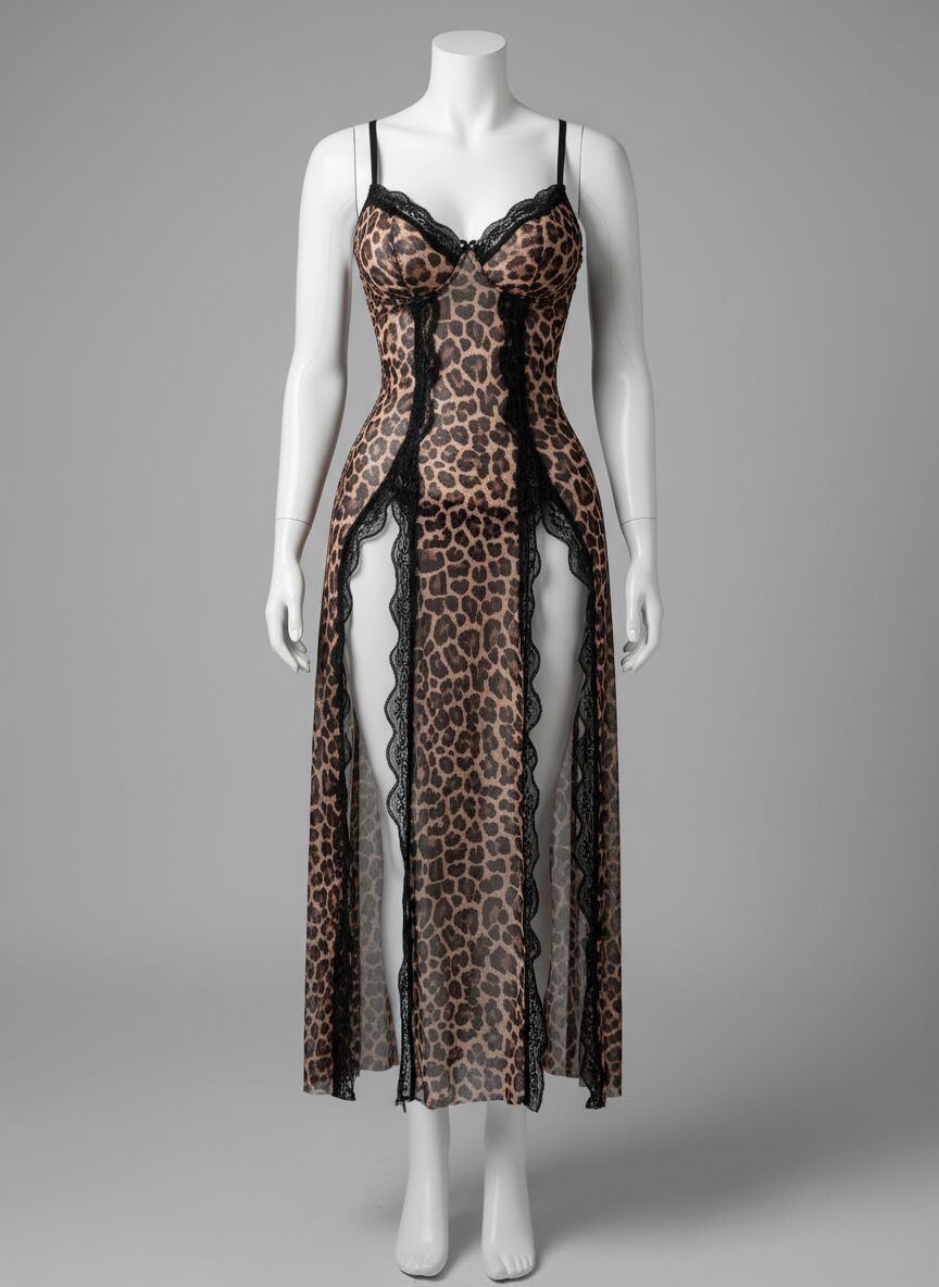 Leopar Desenli Yırtmaçlı Fantezi Uzun Gecelik