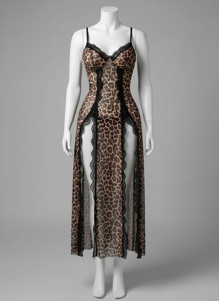 Arias Closet Leopar Desenli Yırtmaçlı Fantezi Uzun Gecelik