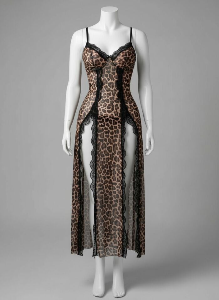 Arias Closet Leopar Desenli Yırtmaçlı Fantezi Uzun Gecelik