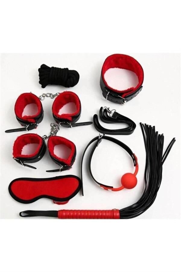 Arias Closet Kırmızı/Siyah İçi Tüylü Deri 7'li Harness Set
