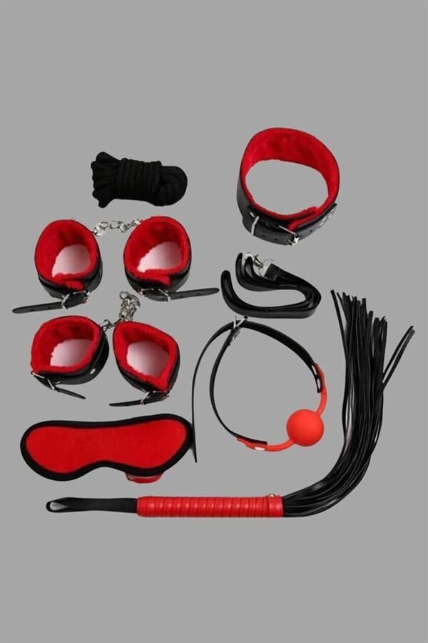 Arias Closet Kırmızı/Siyah İçi Tüylü Deri 7'li Harness Set