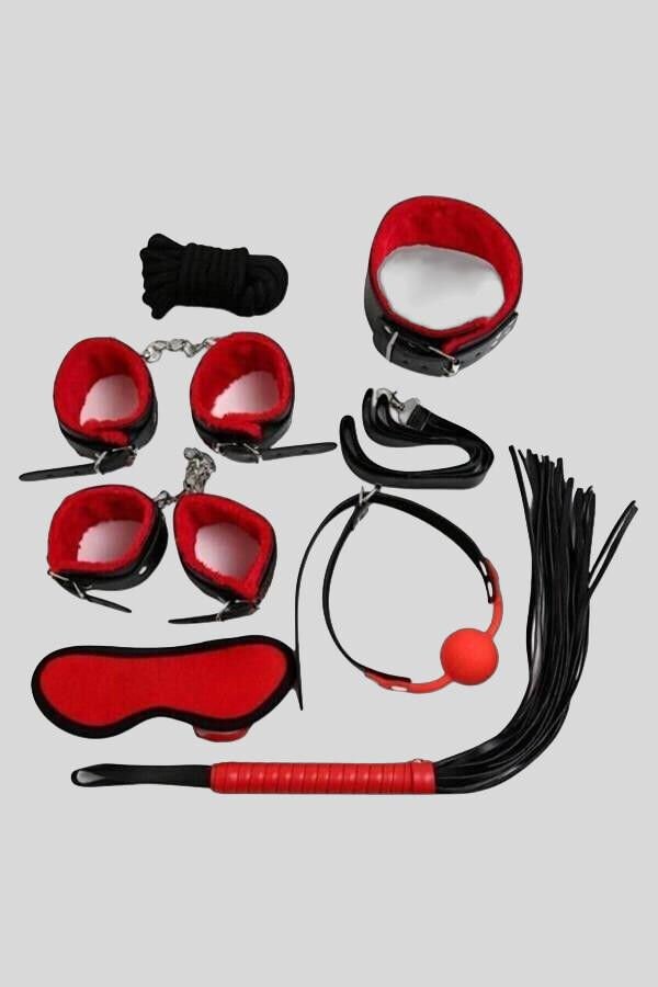 Arias Closet Kırmızı/Siyah İçi Tüylü Deri 7'li Harness Set