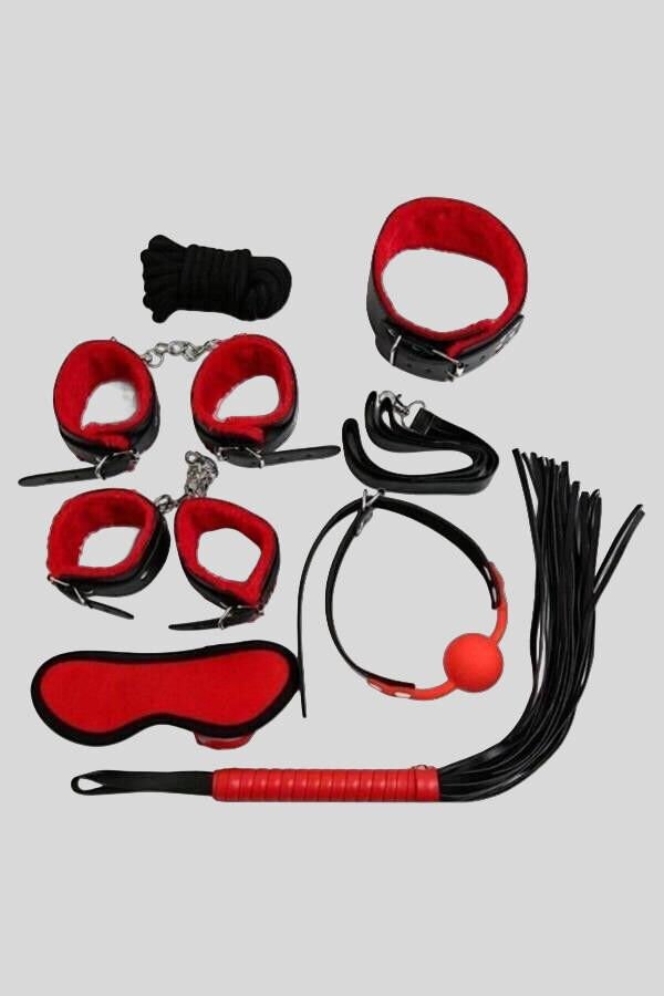 Arias Closet Kırmızı/Siyah İçi Tüylü Deri 7'li Harness Set