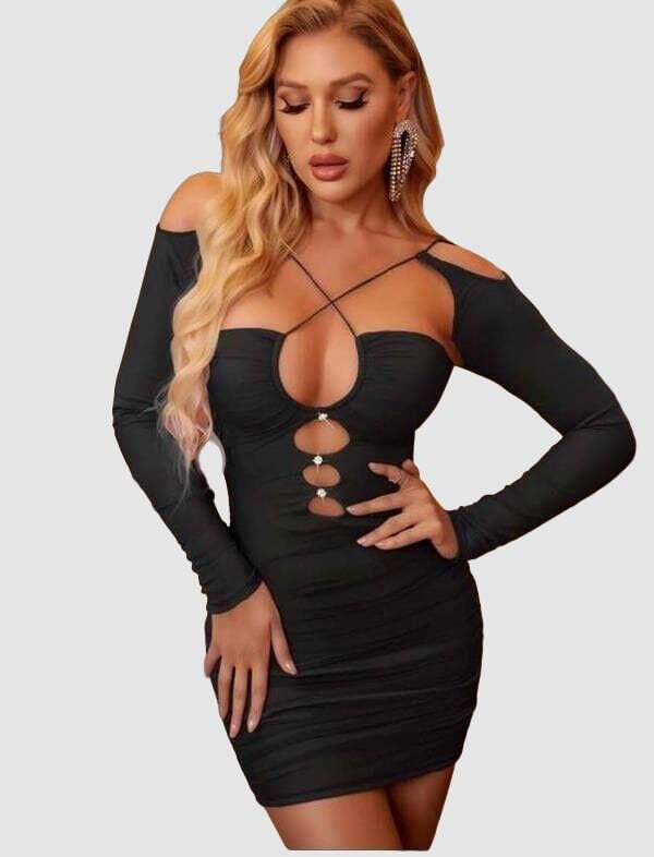 Arias Closet Siyah Göğüs Dekolteli İp Detaylı Mini Club Elbisesi