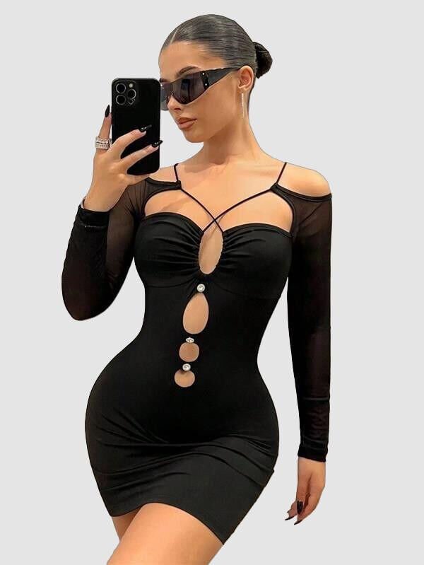 Siyah Göğüs Dekolteli İp Detaylı Mini Club Elbisesi