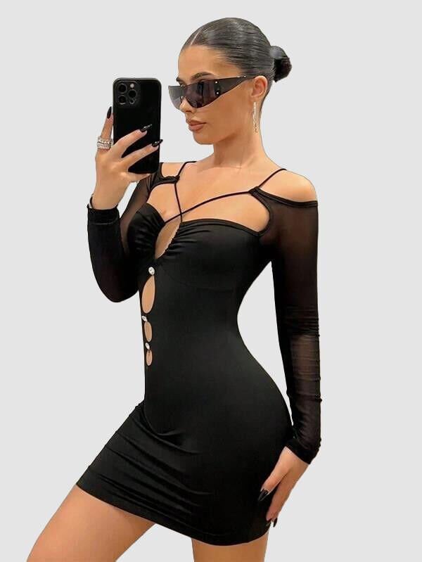 Siyah Göğüs Dekolteli İp Detaylı Mini Club Elbisesi