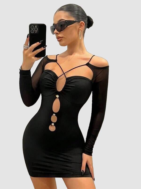 Siyah Göğüs Dekolteli İp Detaylı Mini Club Elbisesi
