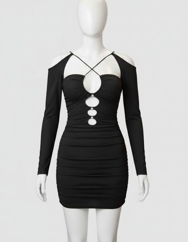 Arias Closet Siyah Göğüs Dekolteli İp Detaylı Mini Club Elbisesi