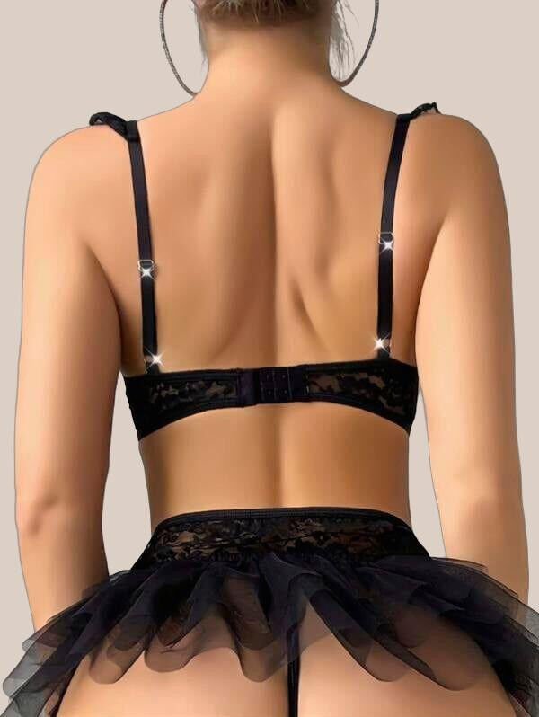 Arias Closet Siyah Dantel İşlemeli Püsküllü Fantezi Jartiyer Takımı