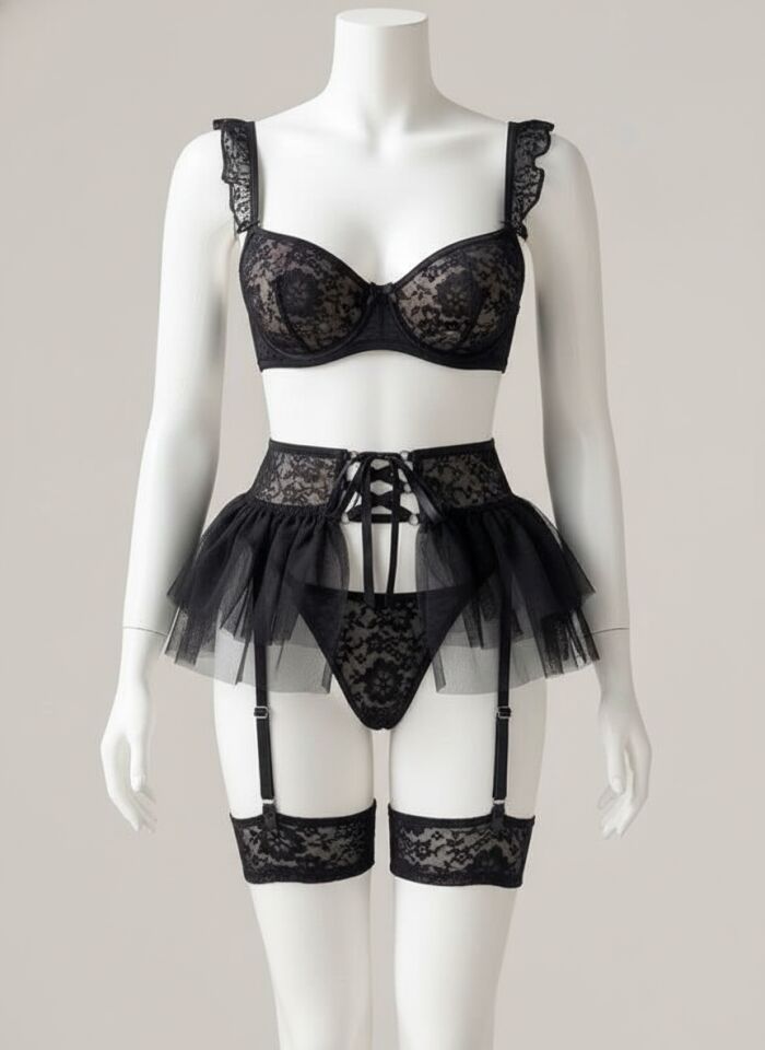 Arias Closet Siyah Dantel İşlemeli Püsküllü Fantezi Jartiyer Takımı