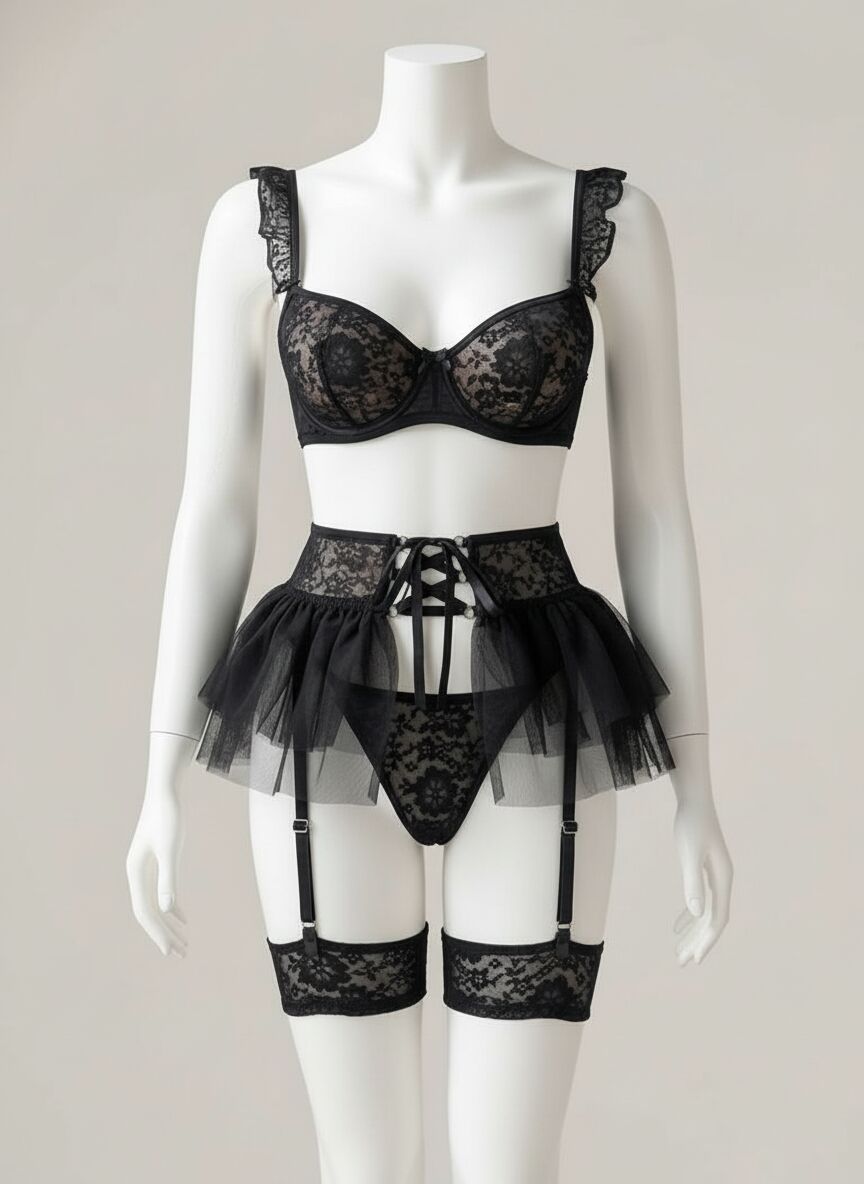 Arias Closet Siyah Dantel İşlemeli Püsküllü Fantezi Jartiyer Takımı