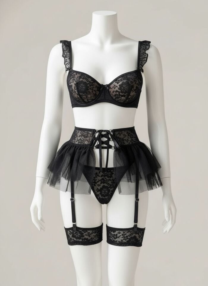 Arias Closet Siyah Dantel İşlemeli Püsküllü Fantezi Jartiyer Takımı