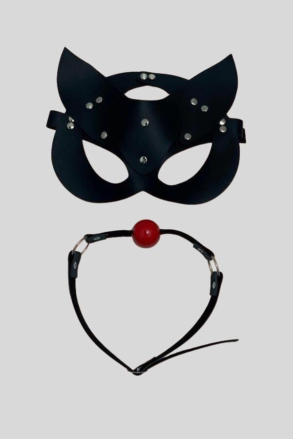 Arias Closet Siyah Deri Maske ve Ağız Topu Herness Aksesuar