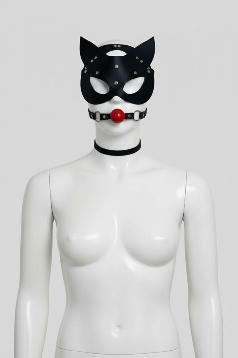 Arias Closet Siyah Deri Maske ve Ağız Topu Herness Aksesuar