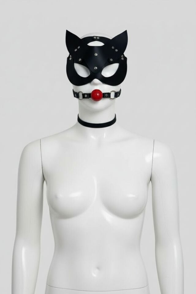 Arias Closet Siyah Deri Maske ve Ağız Topu Herness Aksesuar