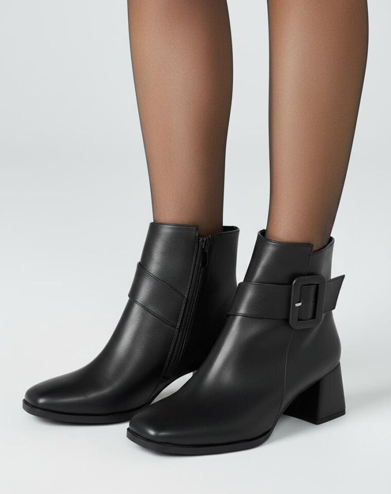 Kadın Küt Cilt Bot Siyah Kare Tokalı Günlük Şık Tasarım