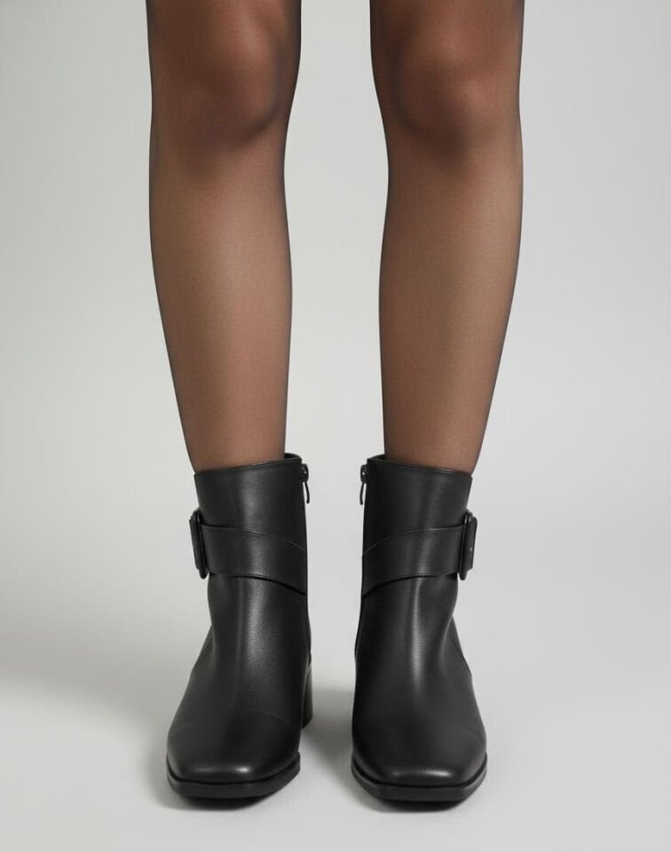 Kadın Küt Cilt Bot Siyah Kare Tokalı Günlük Şık Tasarım