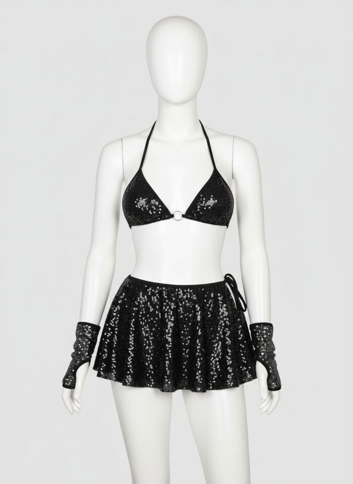 Siyah Parlak Etekli Sütyen Takımı