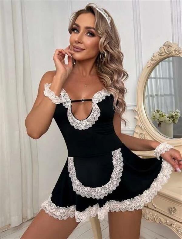 Arias Closet Siyah Beyaz Aksesuarlı Dantelli Fantezi Hizmetçi Kostümü