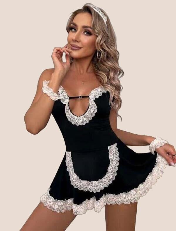 Arias Closet Siyah Beyaz Aksesuarlı Dantelli Fantezi Hizmetçi Kostümü