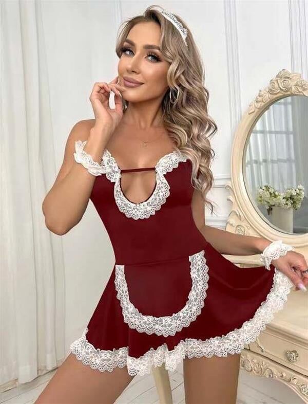 Arias Closet Bordo Beyaz Aksesuarlı Dantelli Fantezi Hizmetçi Kostümü