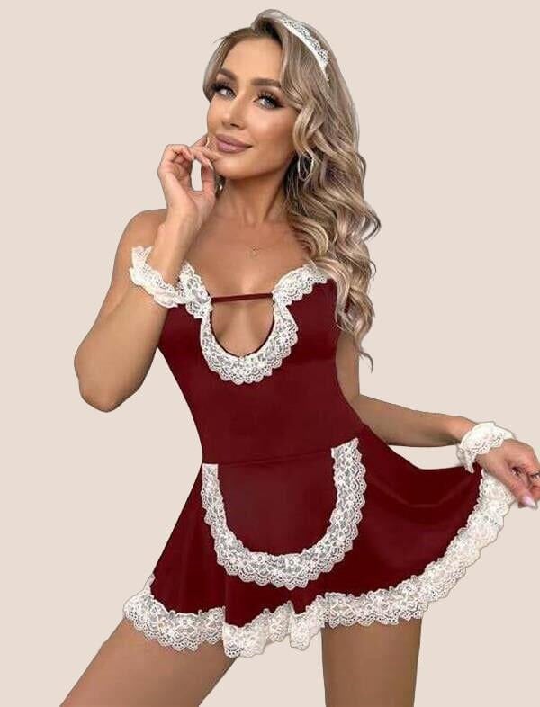 Arias Closet Bordo Beyaz Aksesuarlı Dantelli Fantezi Hizmetçi Kostümü