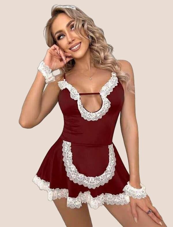 Arias Closet Bordo Beyaz Aksesuarlı Dantelli Fantezi Hizmetçi Kostümü