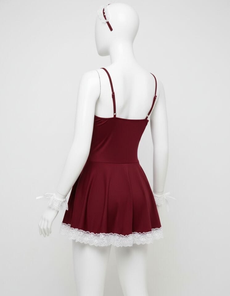 Arias Closet Bordo Beyaz Aksesuarlı Dantelli Fantezi Hizmetçi Kostümü