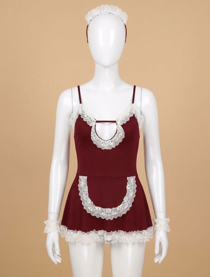 Bordo Beyaz Aksesuarlı Dantelli Fantezi Hizmetçi Kostümü