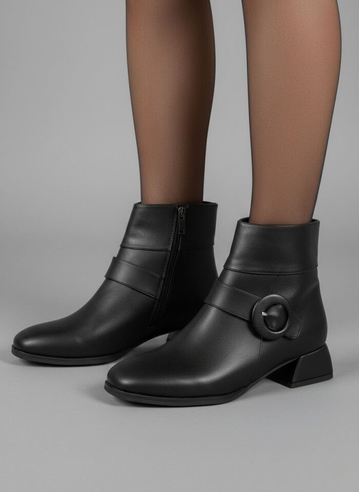 Kadın Küt Cilt Bot Siyah Yuvarlak Tokalı Günlük Şık Tasarım