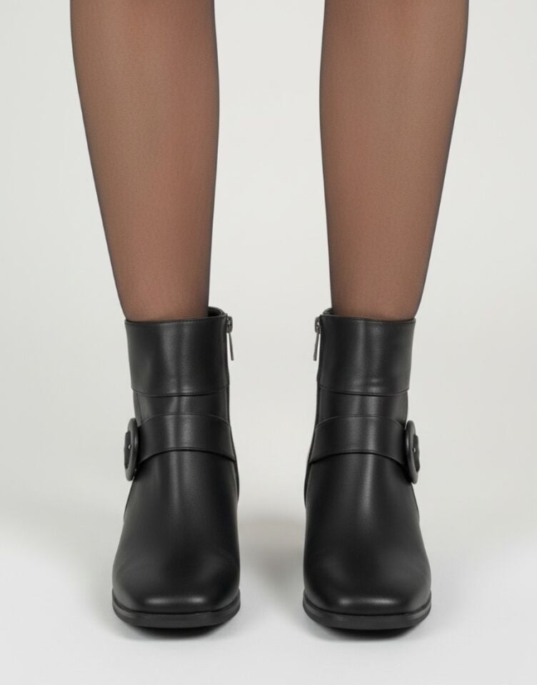 Kadın Küt Cilt Bot Siyah Yuvarlak Tokalı Günlük Şık Tasarım