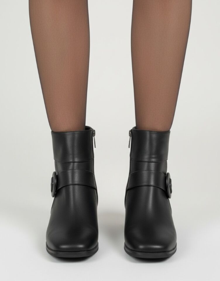 Kadın Küt Cilt Bot Siyah Yuvarlak Tokalı Günlük Şık Tasarım