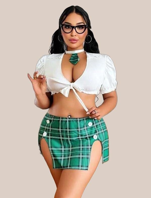 Arias Closet Büyük Beden Kravatlı Yeşil Ekose Desen Etekli Fantezi Liseli Kostüm