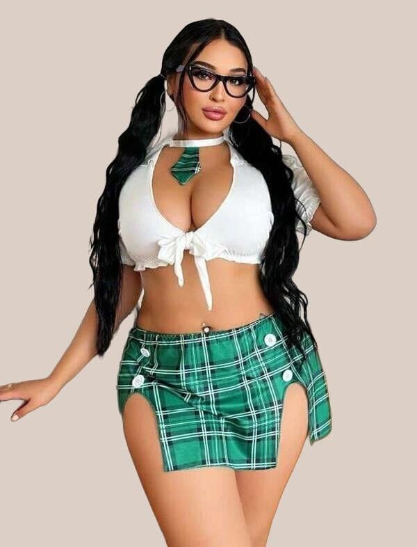 Arias Closet Büyük Beden Kravatlı Yeşil Ekose Desen Etekli Fantezi Liseli Kostüm