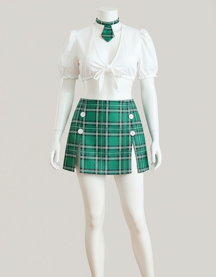 Arias Closet Büyük Beden Kravatlı Yeşil Ekose Desen Etekli Fantezi Liseli Kostüm
