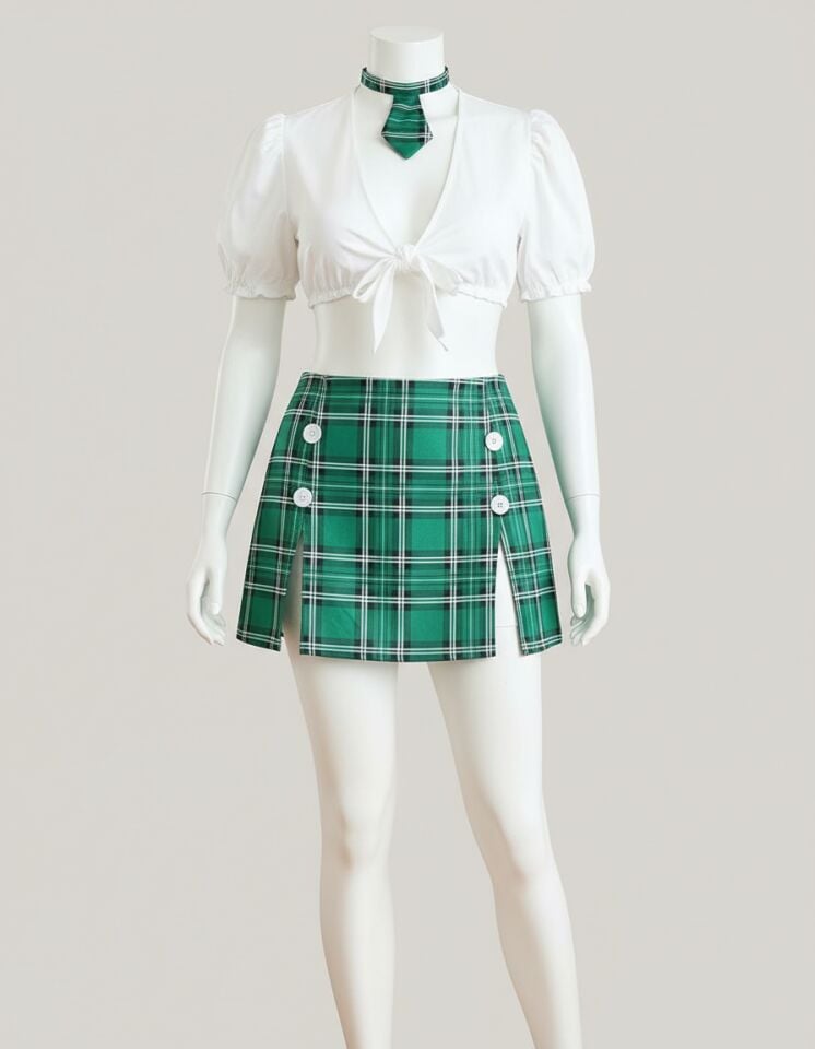 Arias Closet Büyük Beden Kravatlı Yeşil Ekose Desen Etekli Fantezi Liseli Kostüm