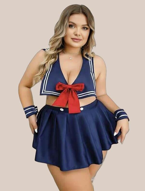 Arias Closet Büyük Beden Lacivert Büstiyerli Kurdela Detaylı Mini Etekli Fantezi Denizci Kostümü