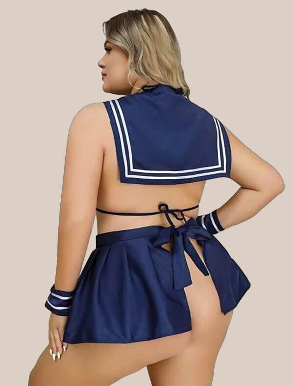 Büyük Beden Lacivert Büstiyerli Kurdela Detaylı Mini Etekli Fantezi Denizci Kostümü