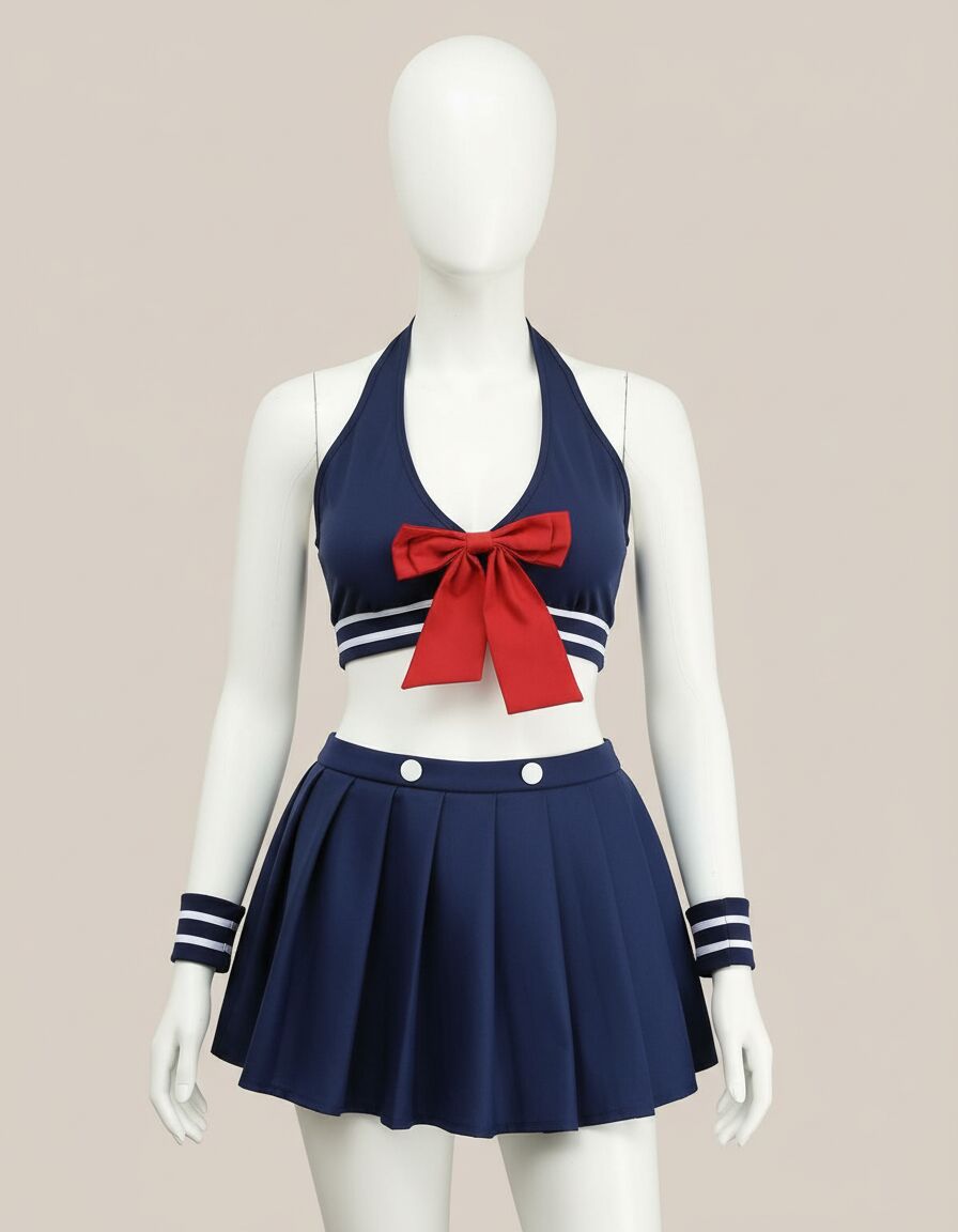Büyük Beden Lacivert Büstiyerli Kurdela Detaylı Mini Etekli Fantezi Denizci Kostümü