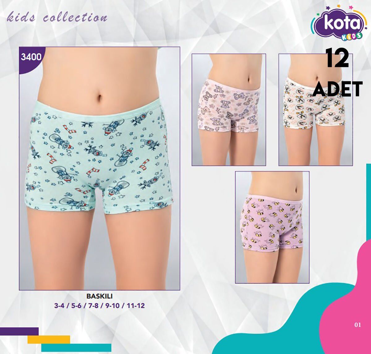 Kota 3400 Baskılı Kız Çocuk Boxer 12'li