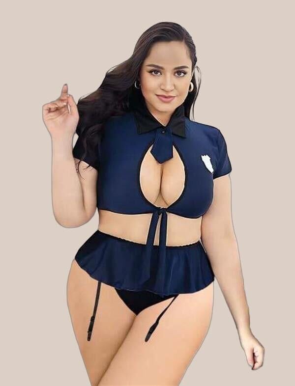 Arias Closet Büyük Beden Lacivert Göğüs Detay Büstiyerli Kravatlı Mini Etekli Fantezi Polis Kostümü